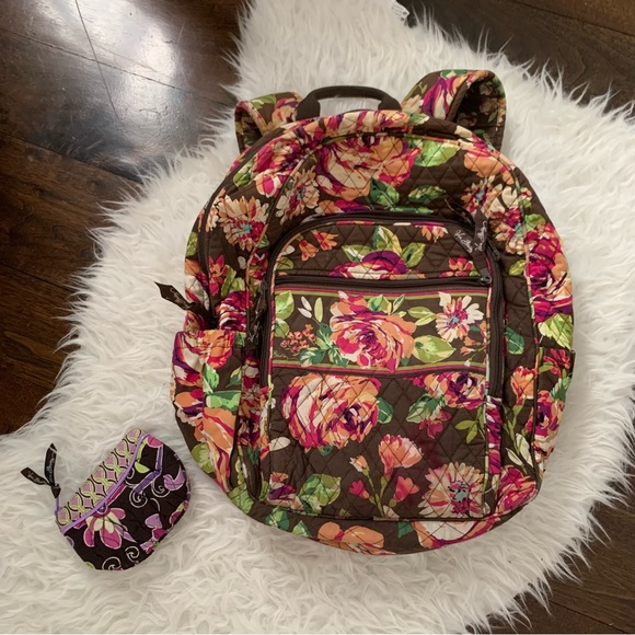 Vera Bradley backpack + bonus zipper coin pouch pre-loved condition English Rose - Picture 1 of 11